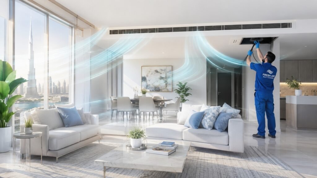 AC duct cleaning service in Dubai performed by a professional HVAC technician inside a luxury villa with modern interiors