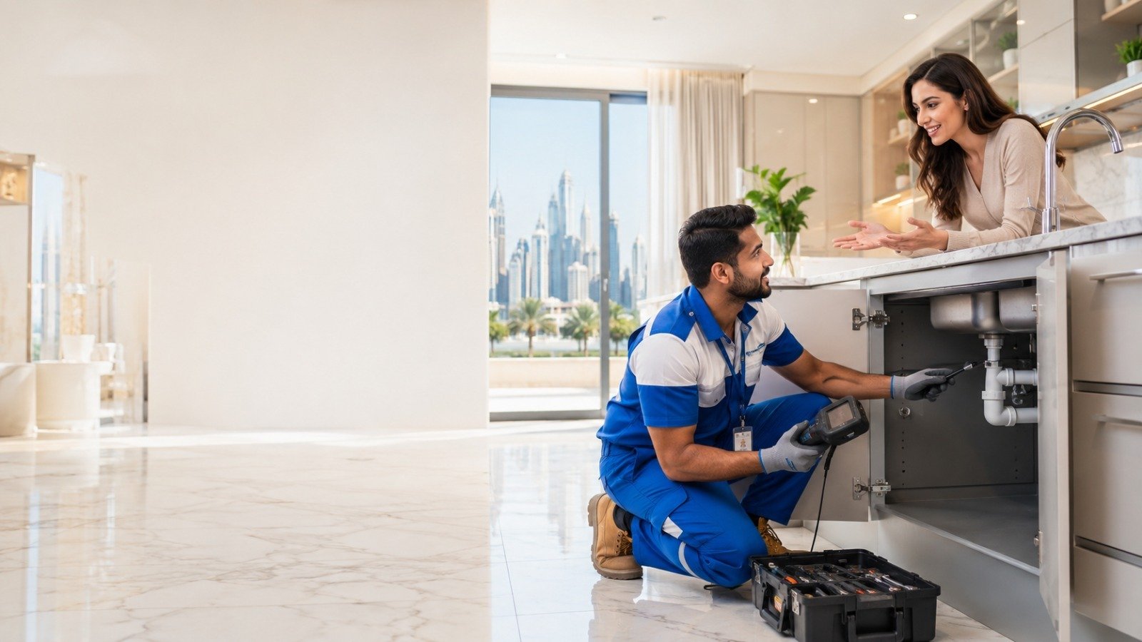 Professional plumber inspecting plumbing pipes inside a modern Dubai home.