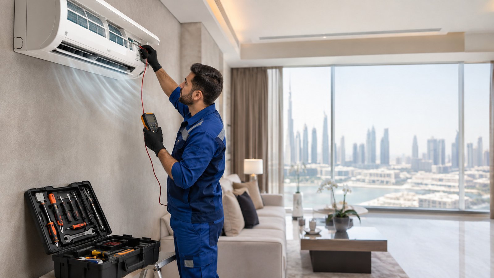Best AC repair company in Dubai - technician servicing air conditioner